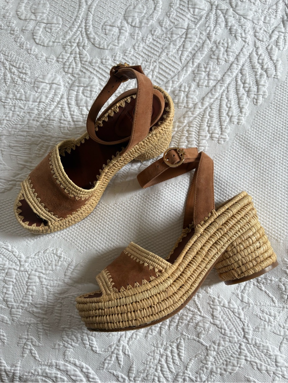 Tory Burch Arianne platform sandals raffia heels adjustable ankle straps size 8